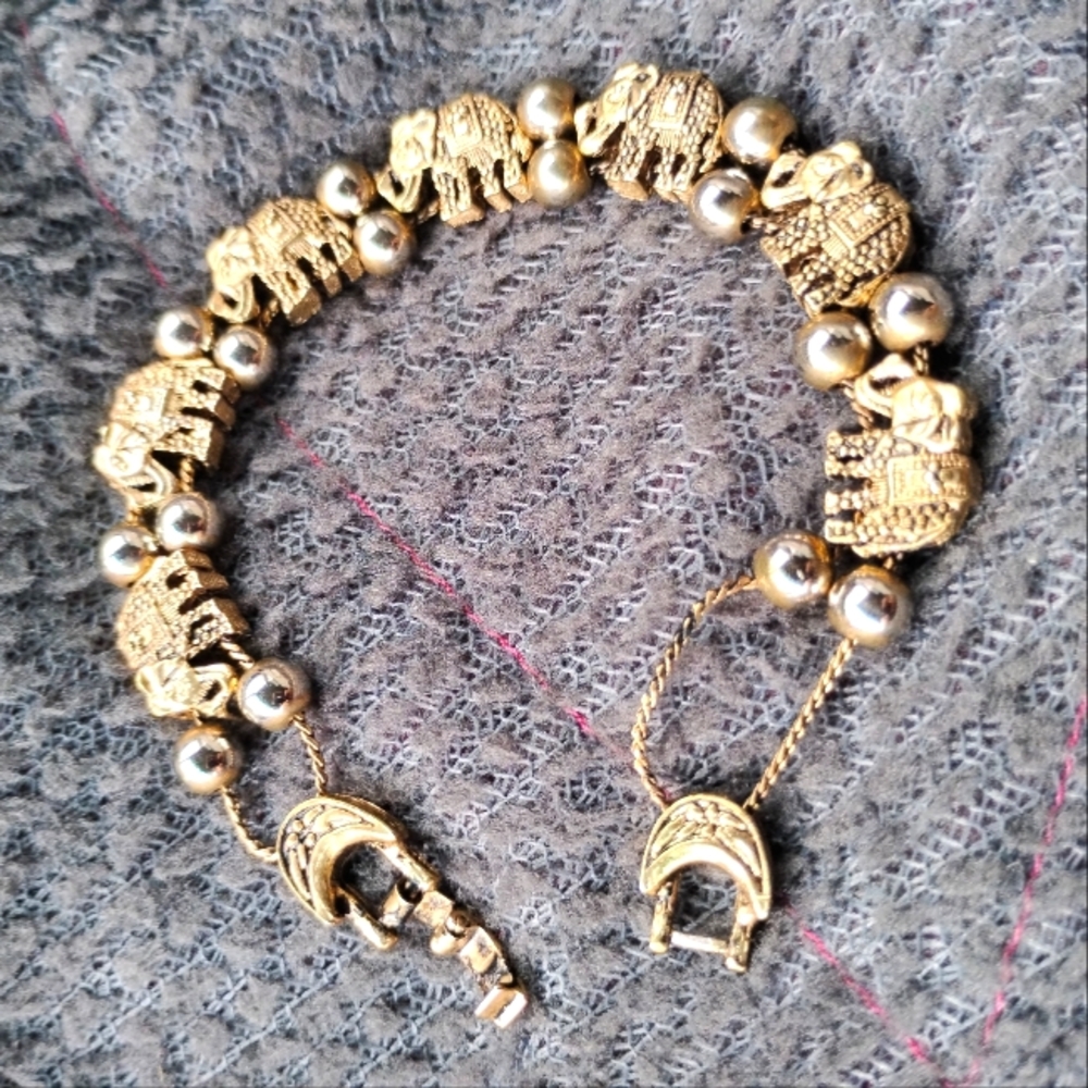 Gold Silver Elephant Charm Bracelet Double String Fastener Vintage From India